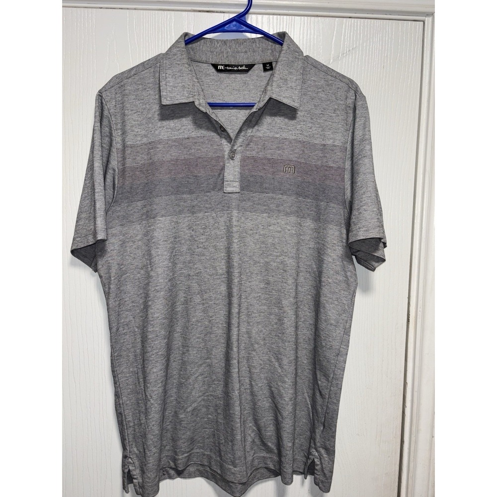 Travis Mathew Polo Shirt -M- Gray Purple Black Stripe Stretch Performance Golf‎